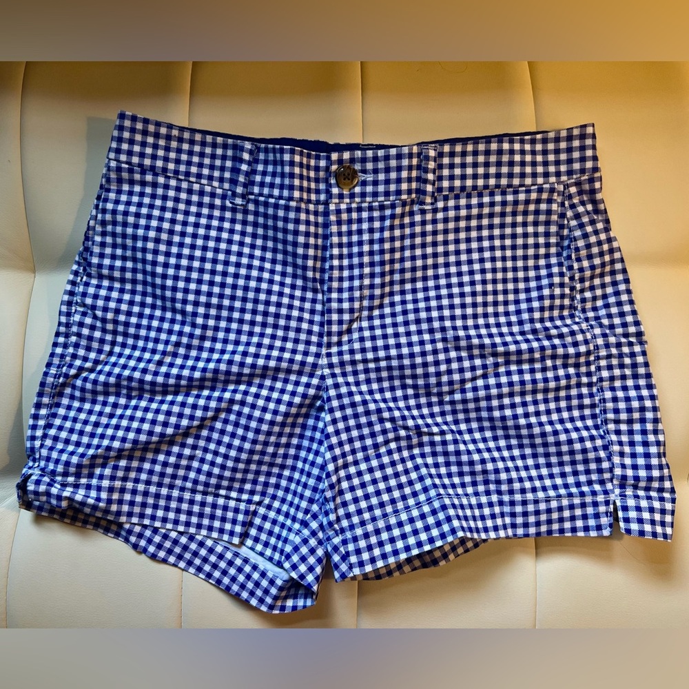 Blue and White Checker Mid Rise Shorts